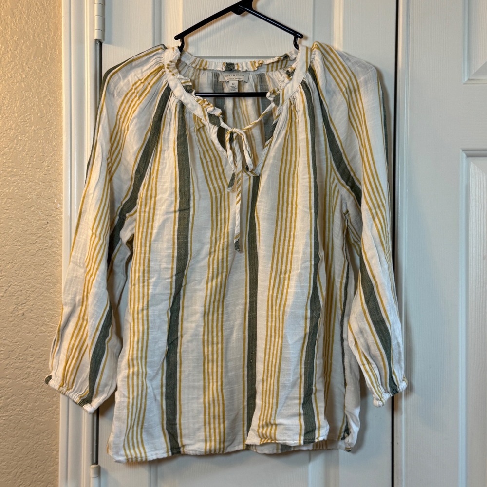 Lucky Brand Boho Flowy White w/Stripes Beachy Long Sleeve, Lightweight Top, Sz M